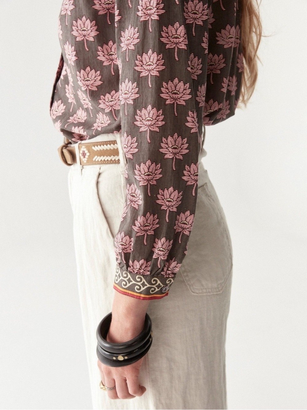 Maison Hotel Cohen Blouse Lotus Mondrian Pink Lotus Print Cotton Boho Western M - Picture 4 of 15
